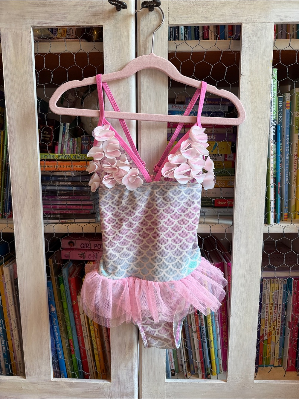Girls Pink Mermaid Tutu Swimsuit with Flowers